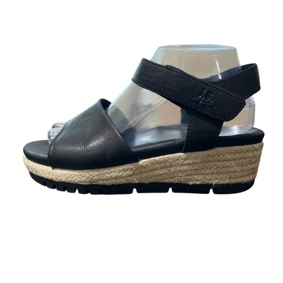 Josef Seibel Espadrille Sandals Black Leather Open Toe Wedge Size 39 / US 8-8.5 - Picture 1 of 10